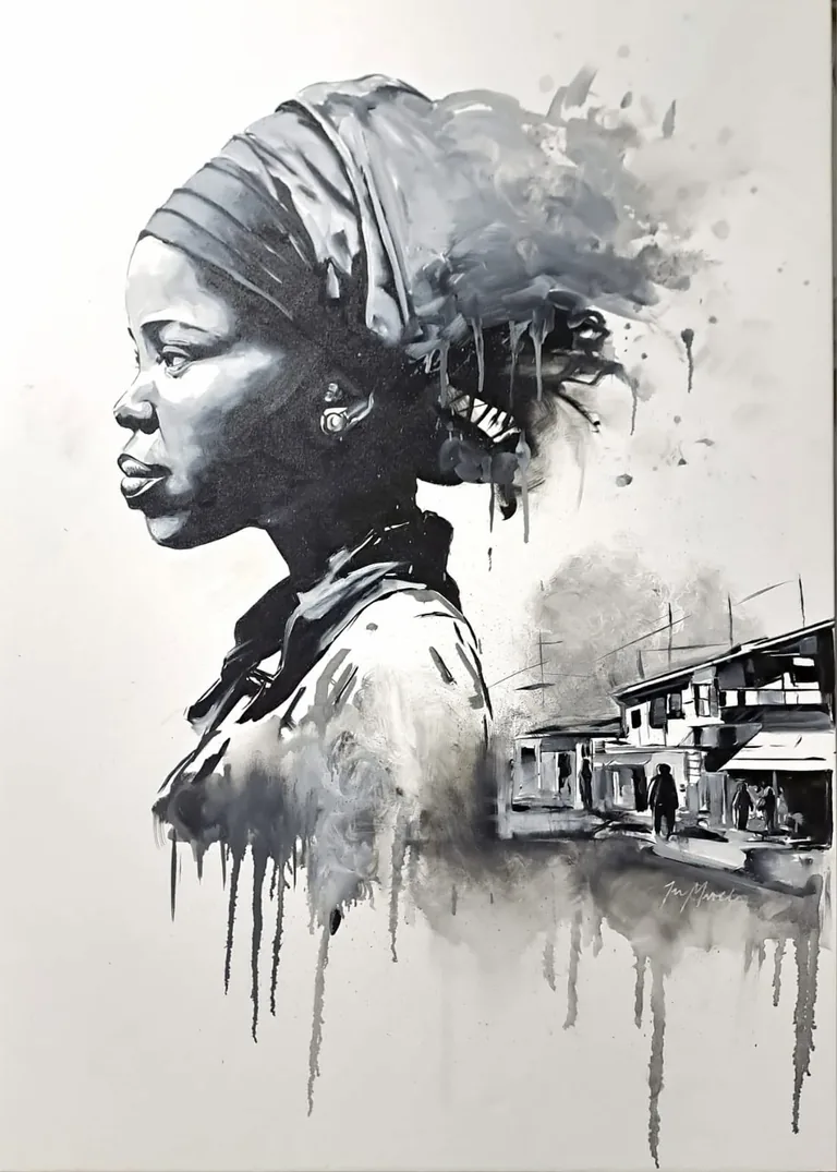 A woman in a headwrap beside a township street scene