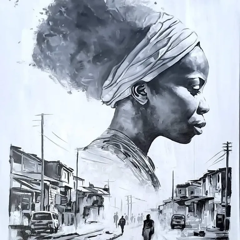A woman in profile above a township street scene