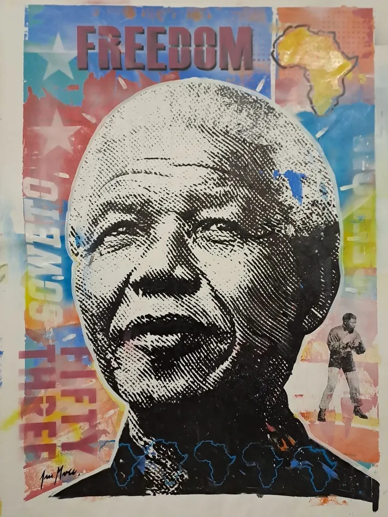Black-and-white portrait against a colourful collage with Freedom lettering and African motifs