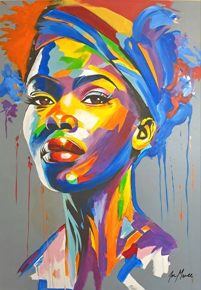 Portrait in brilliant yellow, blue, orange and purple